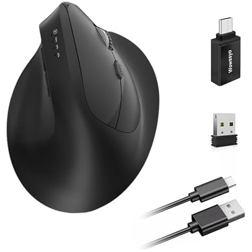 Funkmaus Ergonomisch 3 Modi [Bluetooth 5.2, 2.4 G, Kabelgebundene] Wireless Vertikale, Wiederaufladbare Maus Kabellos 1200/1600/2400/3200/6400/9600 DPI, Wiederaufladbarer Akku, 6 Tasten,PC/Mac-Schwarz von Wowssyo