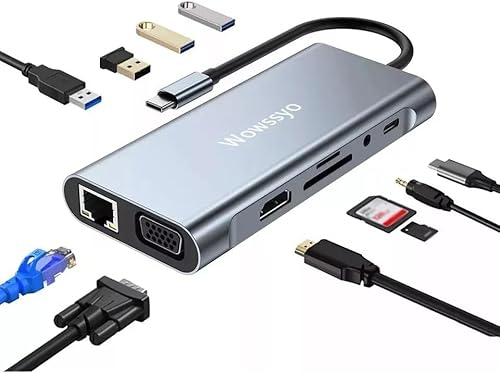 Wowssyo 11-in-1 Docking Station USB C Hub, USB C Adapter HDTV 4K, VGA, 3xUSB 3.0, USB C, SD/TF Kartenleser, Gigabit Ethernet, PD 100W, 3.5mm Audio für MacBook Pro/Air und Laptop Windows XPS von Wowssyo