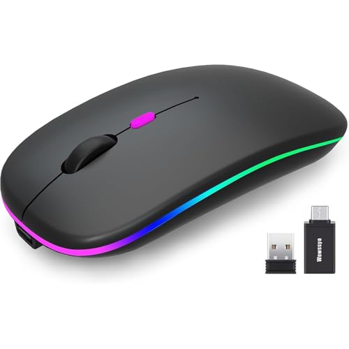 Wowssyo Maus Kabellos, 2,4 GHz-USB funkmaus, Bluetooth Maus, 1600 DPI Optical Tracking, Wiederaufladbare LED-Dual-Modus Mouse für Laptop, PC, iOS, Android, iPad, Windows von Wowssyo