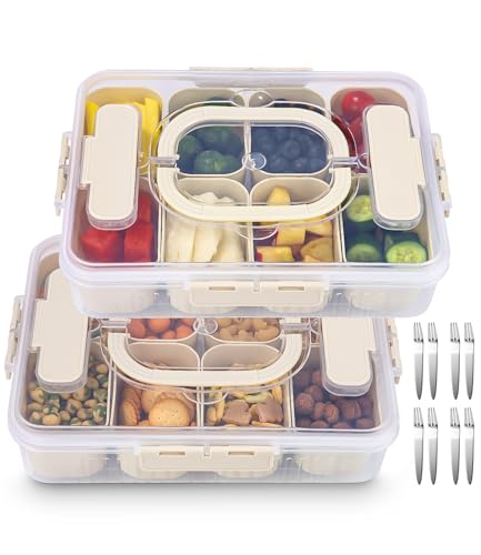 2 Packungen Snackbox mit Fächern mit 8 Gabeln, Snackteller mit Deckel mit 16 Fächern und Griffen, Snackbox mit Fächern Kinder, Wird Verwendet, um Süßigkeiten, Früchte, Kekse und Gewürze Aufzubewahren von Woxovo