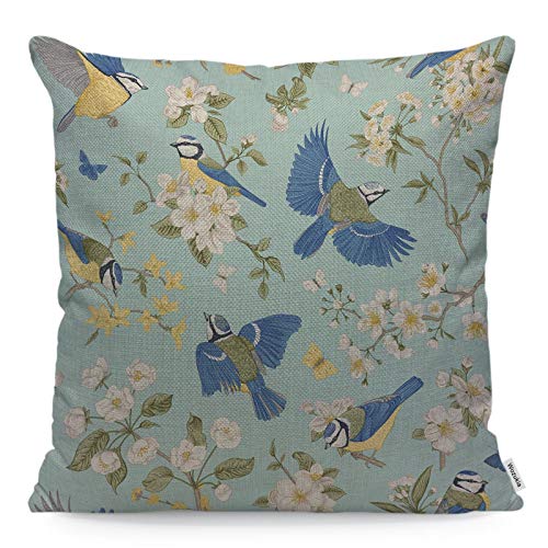 Wozukia Kissenbezug, Motiv: Meisen und blühende Bäume, blaue Vögel weiße Blumen, Chinoiserie, Vintage-Stil, grün, quadratisch, Kissenbezug für Zuhause, Auto, dekorativer Baumwollleinen, 45,7 x cm von Wozukia