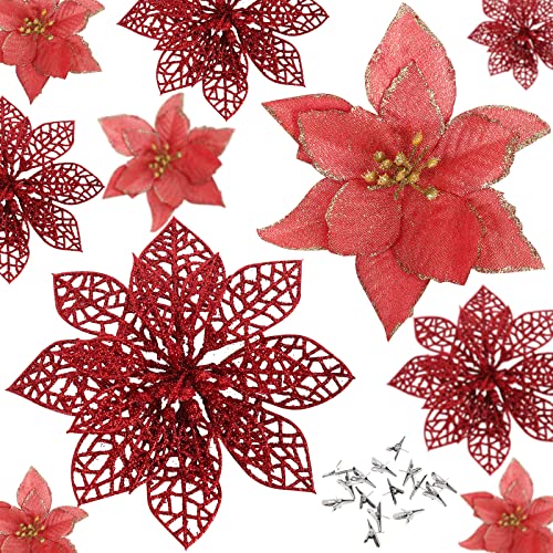 24 Stück Weihnachten Glitzer Weihnachtsstern mit Clips Weihnachtsstern Dekorationen Künstliche Weihnachtssterne Blumen Ornament Weihnachtsblumen für Neujahr Hochzeit Heimdekoration 5,9 Zoll/15 cm Rot von Wpond