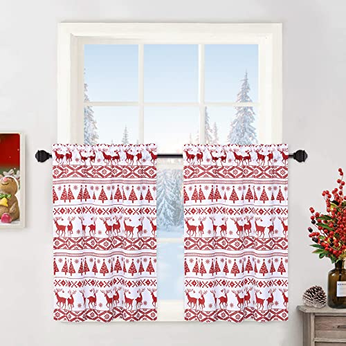 Weihnachten Küche Fenstervorhänge, Weihnachtsbaum und Hirsch Muster Badezimmer Fenstervorhang Boho Stil Halbfenster Küche Cafe Vorhänge, 66 cm B x 61 cm L, Rot, 2er-Set von Wpond