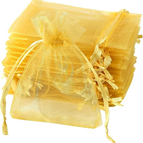 Wpond 100 STÜCKE Organzabeutel, Schmuckgeschenkverpackungsbeutel, zarter Kordelzugbeutel, wiederverwendbar, für Geschenke Valentinstag Hochzeit Geburtstag (7 x 9 cm) Gold von Wpond