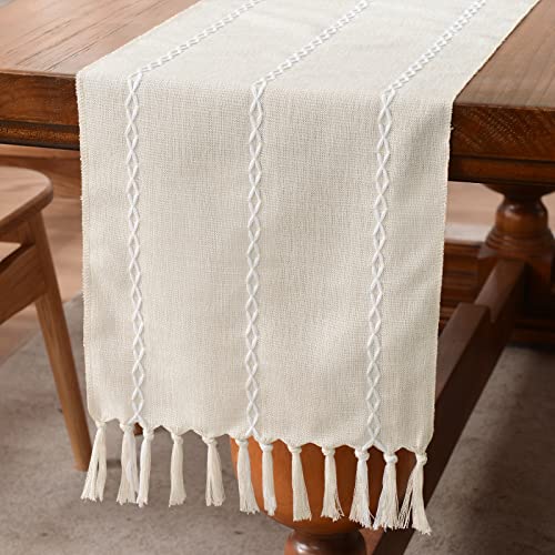 Wracra Baumwoll Leinen Tischläufer Bauernhaus Stil Beige Tischläufer 275cm mit Handquasten für Partys, Esszimmer-Dekorationen, Dessert-Tischdekoration(Beige, 275cm) von Wracra