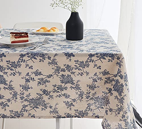 Wracra Blaue Blumenpastoral Abwaschbar Tischdecke Rechteckig Baumwolle Leinen Vintage Tischdecke 140×180cm Tischtuch Geeignet für Party Picknick Essen Garten(Blaues Blumen, Rechteckig 140×180cm) von Wracra