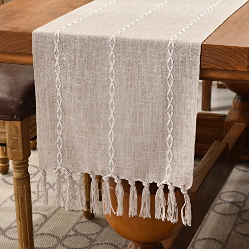 Wracra Baumwoll Leinen Tischläufer Bauernhaus Stil Kaffee Tischläufer 180cm mit Handquasten für Partys, Esszimmer-Dekorationen, Dessert-Tischdekoration(Leichter Kaffee, 180cm) von Wracra