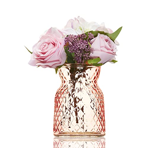 Kleine rosa Glasvase für Blumen, 16 cm, dekorativ, geschliffenes Glas, geriffelte Knospenvase für Rosen, farbige Tulpenvase, einzigartige süße Erbsenvase, Ornament für Mama von Wrenbury