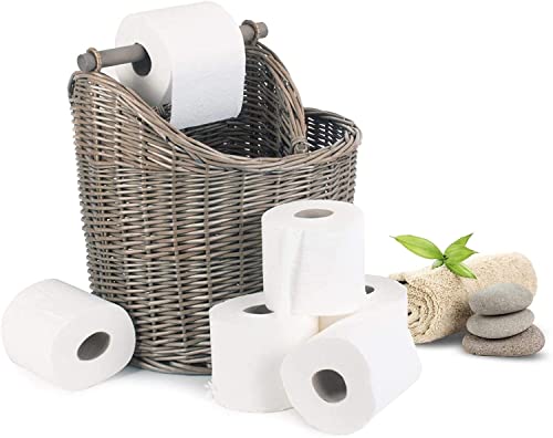 Großer Weidenrollenhalter Korb hält 5 Rollen - Toilettenpapieraufbewahrung freistehend für das Badezimmer - Toilettenpapierhalter mit Aufbewahrungsbox und Holzhalter von Wrenbury