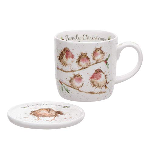 Royal Worcester Wrendale Tasse und Untersetzer, Aufschrift: "Family Christmas", Vogelmotive, mehrfarbig von Portmeirion