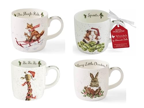 Royal Worcester Wrendale entwirft Weihnachten 0,3 Liter Becher Set mit 4 Tassen Fuchs Meerschweinchen Kaninchen und Giraffe von Wrendale Designs