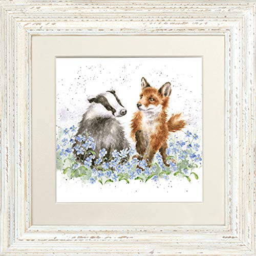 Wrendale Designs Gerahmtes Bild, Motiv: Forget Me Not Fox und Dachs, Used-Look, Weiß von Wrendale Designs