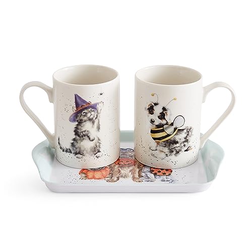 Royal Worcester Wrendale Deigns Halloween Katze und Hund Tasse und Tablett Set von Spode