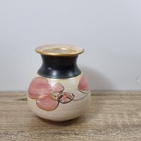 Vintage 1990Er Jahre Vase Stephen Drew Studio Keramik in Rosa Gold Schwarz Floral von WrightThriftCo