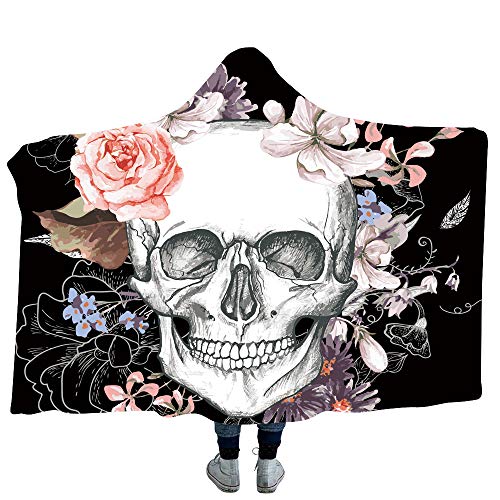 Decke mit Kapuze Halloween Totenkopf Kuscheldecke Skull Blumen Wohndecke Winter Weiche Warme Kapuzendecke Tagesdecke Sofadecke für Erwachsene Kinder 1 150x200cm von Wrily