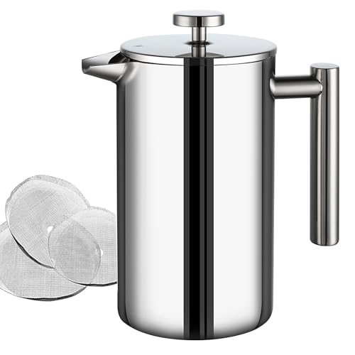 Wrobic Cafetiere French Press Kaffeemaschine, 1500 ml große isolierte Cafetiere, doppelwandiger isolierter Edelstahl, 3-stufiges Filtersystem, französische Presse für Zuhause, Camping und Büro, Silber von Wrobic