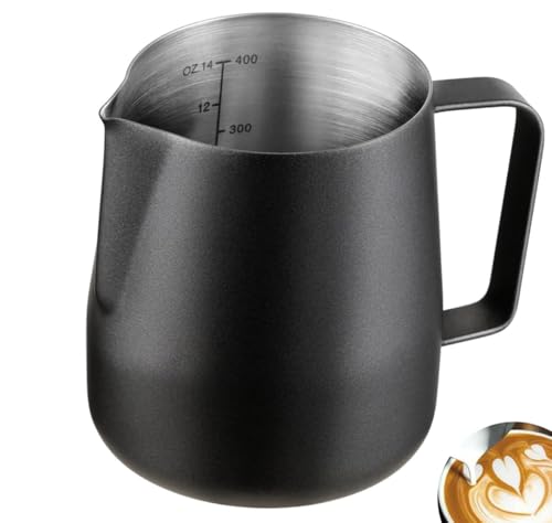 Wrobic Milchkännchen Edelstahl 400ml, Milk Pitcher 400ml 12 Fl.oz. Milchkanne Aus Edelstahl, Milch Aufschäumen Für Cappuccino Und Latté, Embossed Scale, Schwarz von Wrobic