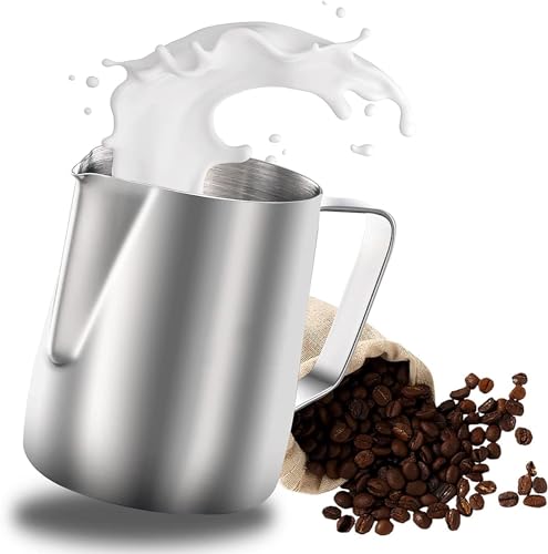 Wrobic Milchkännchen, Milk Pitcher 600ml 20 fl.oz. Milchkanne aus Edelstahl, Milch Aufschäumen für Cappuccino und Latté, Embossed Scale, Silber von Wrobic