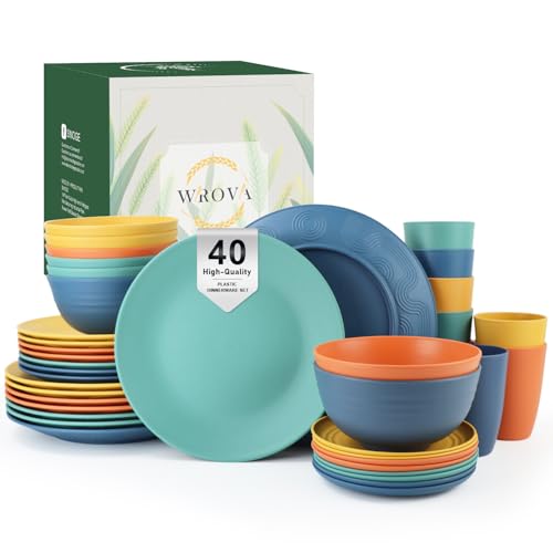 Wrova Tafelservice aus Kunststoff, 40-teilig, Service für 8 Personen, Teller und Schüsseln, unzerbrechliches Geschirr-Set, Speiseteller, Dessertteller, Müslischalen, Trinkgläser, mikrowellen- und Wrova Tafelservice aus Kunststoff, 40-teilig, Service für 8 Personen, Teller und Schüsseln, unzerbrechliches Geschirr-Set, Speiseteller, Dessertteller, Müslischalen, Trinkgläser, mikrowellen- und von Wrova