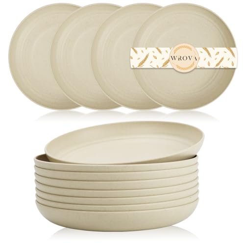 Wrova Unzerbrechliche Kunststoffteller, 25,4 cm, 8 Stück, spülmaschinen- und mikrowellengeeignet, Kinderteller, wiederverwendbar, leichter Teller für Küche und Outdoor, Beige von Wrova