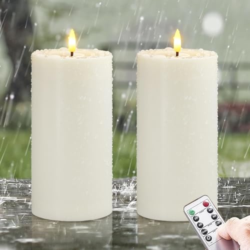 Wroxipel Wasserdichte flammenlose LED-Kerzen aus Kunststoff mit Timerfunktion und Fernbedienung, 2er-Pack batteriebetriebene flackernde Wachsöl-Kerzen für draußen (Elfenbein, 10cm x20cm) von Wroxipel