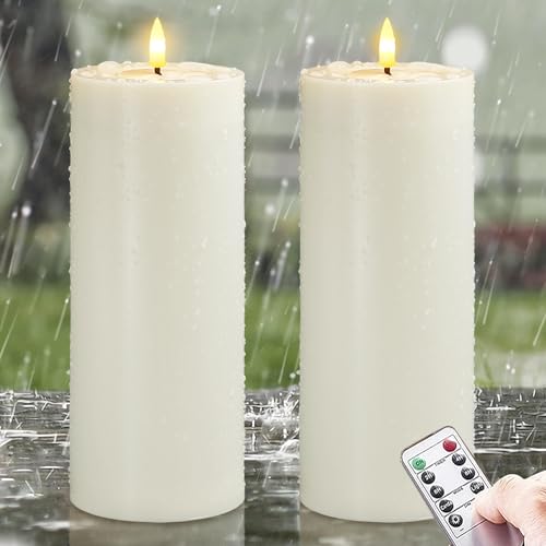 Wroxipel Wasserdichte flammenlose LED-Kerzen aus Kunststoff mit Timerfunktion und Fernbedienung, 2er-Pack batteriebetriebene flackernde Wachsöl-Kerzen für draußen (Elfenbein, 10cm x25cm) von Wroxipel