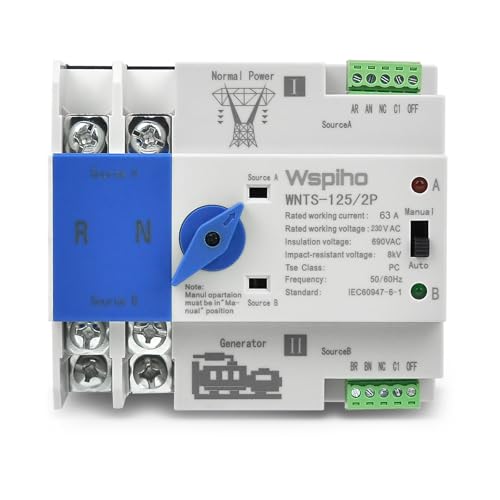 WSPIHO 230 VAC Automatischer Umschalter Notstrom Umschalter,63 A Netzumschalter mit Doppelter Leistung,Umschalter 2 Polig für Netzvorrangschaltung von Wspiho