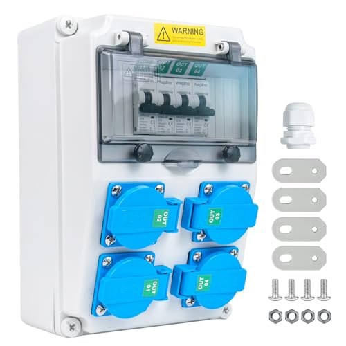WSPIHO Baustromverteiler 16 A mit 1 Polig Leitungsschutzschalter,Wandverteiler mit 16 A Steckdose,Starkstrom verteiler Stromverteiler für Außenbereich Baustrom (4×16A 1P LS) von Wspiho