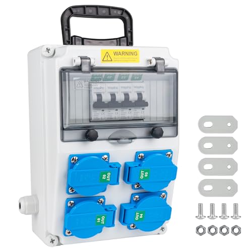 WSPIHO Baustromverteiler 16 A mit 1 Polig Leitungsschutzschalter,Wandverteiler mit 16 A Steckdose,Starkstrom verteiler Stromverteiler mit Griff für Außenbereich Baustrom (4×16A 1P LS mit Griff) von Wspiho