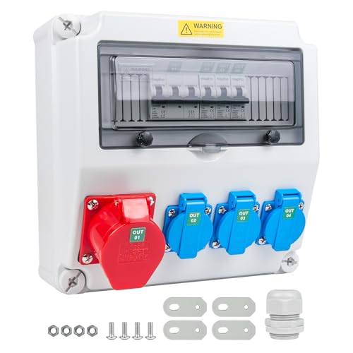 WSPIHO Baustromverteiler 16A mit Leitungsschutzschalter,Wandverteiler mit CEE Steckdose 16A,Starkstrom Steckdose für Verteilerkasten Außenbereich(3×16A 1P LS+1×16A 3P LS) von Wspiho