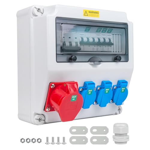 WSPIHO Baustromverteiler mit Fi Schalter Typ A, 40A 30mA RCBO Wandverteiler mit CEE Steckdose 16A Aufputz, Stromverteiler Wasserdicht für Verteilerkasten (3×16A 1P LS+1×16A 3P LS+1×30mA RCBO) von Wspiho