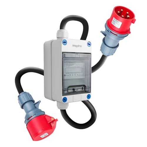 WSPIHO 16A Mobiler Digitaler Stromzähler 3 Phasen mit LED,CEE Adapter 16A auf 16A,IP44 5 Pin Stecker und Kupplung mit 2,5 mm² CEE Verlängerungskabel(16A 0.5M+0.5M) von Wspiho