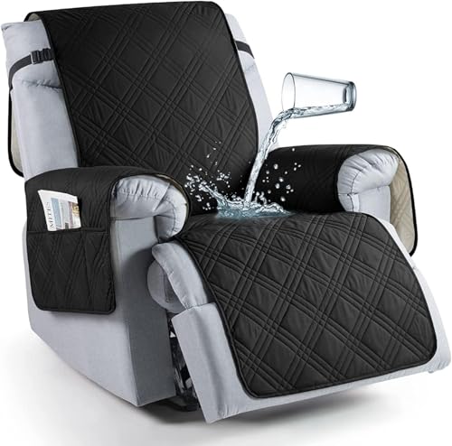 Wttagkl Sesselschoner für Fernsehsessel, 100% Wasserdicht 1 Sitzer Sesselschoner, Anti-Rutsch Sesselauflage Relax mit Taschen Waschbar Sessel Überwürf Sesselbezug,Schwarz-1-Sitzer von Wttagkl