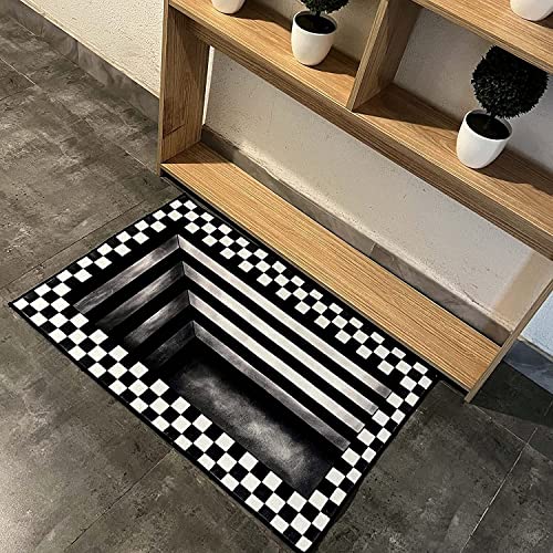 Wttfc Schwarz Weiß Karierter 3D Teppich Optische Täuschung, 3D Illusion Fußmatte Türmatte Schmutzfangmatte Teppich Optische Täuschung Bodenmatte Außen Innen Waschbar rutschfest,Schwarz,23.6x35.4in von Wttfc