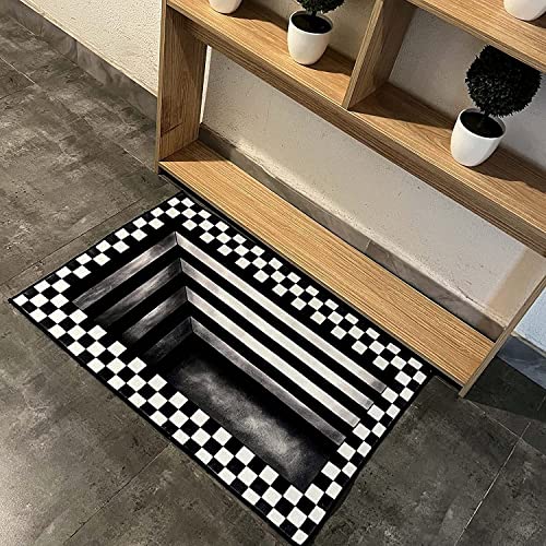 Wttfc Schwarz Weiß Karierter 3D Teppich Optische Täuschung, 3D Illusion Fußmatte Türmatte Schmutzfangmatte Teppich Optische Täuschung Bodenmatte Außen Innen Waschbar rutschfest,Schwarz,19.6x31.5in von Wttfc