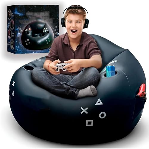 WuDLi Air aufblasbare Gaming, aufblasbare Gaming Stuhl für Kinder & Jugendliche & Teens mit Cup Holder und Seitentasche, aufblasbare Möbel für Gamer-Schwarz Gaming Time Style Sitzsack von WuDLi