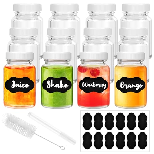 WuGU 12 Stück Shot Flaschen zum Befüllen, 60ml Kleine Glasflaschen zum Befüllen, Shotgläser mit Deckel, Kleine Flaschen zum Befüllen mit Etiketten und Stift, Ideal für Ingwer, Likör, schnaps von WuGU