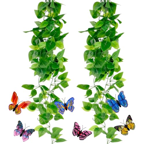 WuGU 2 Stück Künstliche Hängepflanzen, 110cm Kunstpflanze Hängend, Wartungsfreie Künstliche Pflanzen für Hausgarten Indoor Outdoor Decor Wanddeko Schlafzimmer(mit Schmetterlingszubehör) von WuGU