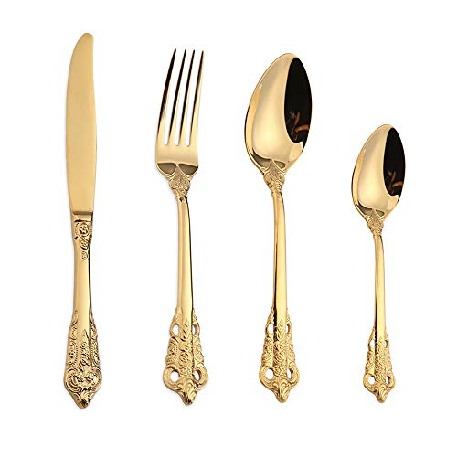 WULUN Edelstahl Besteck-Set Barock 4-teilig mit Messer Gabel Löffel Kaffeelöffel, Antik Königliche Stil, Spülmaschinenfest von WULUN