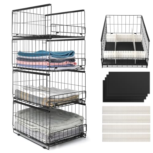 Wuciray 4 Stück Kleiderschrank Organizer Stapelbare Aufbewahrungsbox Schrank Ordnungssystem Faltbare Edelstahl Schrank Organizer kleiderschrank Schwarz von Wuciray
