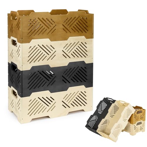 Wuciray Stapelbare Aufbewahrungsboxen Holz Belüftung Holzbox ohne Deckel 4er Set mit Griffen 47x23x34 cm Stapelbare Holzkisten für kleiderschrank Büro Schlafzimmer Holzkiste Aufbewahrungskiste Holz von Wuciray