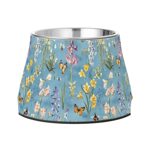Blumen Hyazinthen Schmetterlinge Blau Hunde Futternäpfe mit Ständer Edelstahl Haustiere Wasserschalen für Hunde Katzen Kaninchen Vögel Schnurrhaare Müdigkeit von Wudan