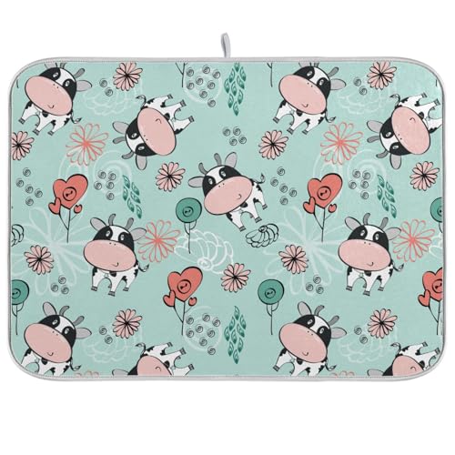 Cartoon Kawaii Kühe Blumen Grün Geschirr Matte Waschbare Saugfähige Thekenmatten Für Küche Küche Matte Tapete Para Cocina 40,6 x 45,7 cm von Wudan