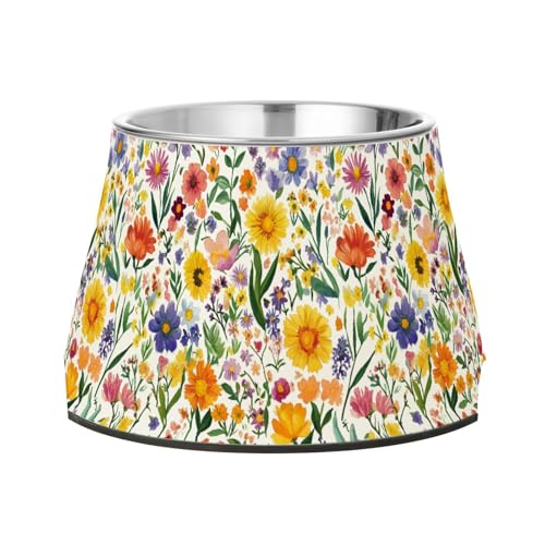 Fressnäpfe für Hunde, Ringelblumen-Motiv, Pfingstrosen, weiß, erhöhter Edelstahl-Katzen-Futternapf für liebenswertes Haustier, bequemes Füttern von Wudan