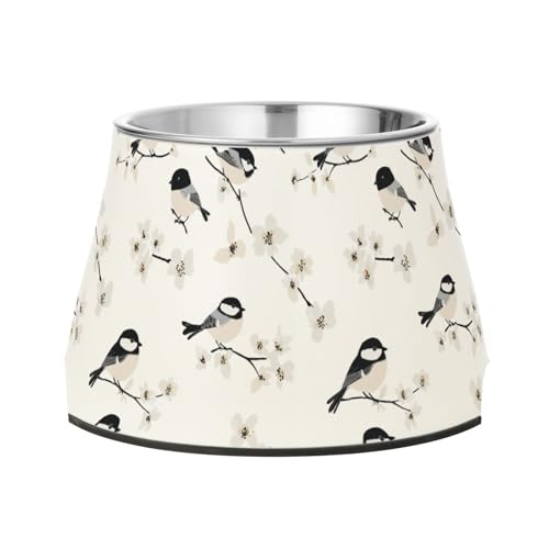 Futternäpfe mit schwarzem Deckel für Katzen, Motiv: Karikaturen, Vögel, weiße Hunde, rutschfest, Edelstahl, erhöhte Katzennäpfe für langsames Füttern von Katzen, Schnurrhaare von Wudan
