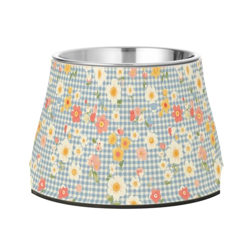 Futternapf für Haustiere, Schottenkaro, Blumen, blau, erhöhter Futternapf, rutschfest, Edelstahl, für langsames Füttern, bequeme Fütterung von Wudan