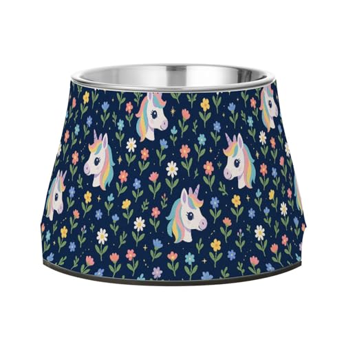 Futternapf für Hunde, rutschfest, Edelstahl, Motiv: Einhörner, Blumen, Marineblau, für die Ermüdung des Haustiers Futternapf für Hunde, rutschfest, Edelstahl, Motiv: Einhörner, Blumen, Marineblau, für die Ermüdung des Haustiers von Wudan