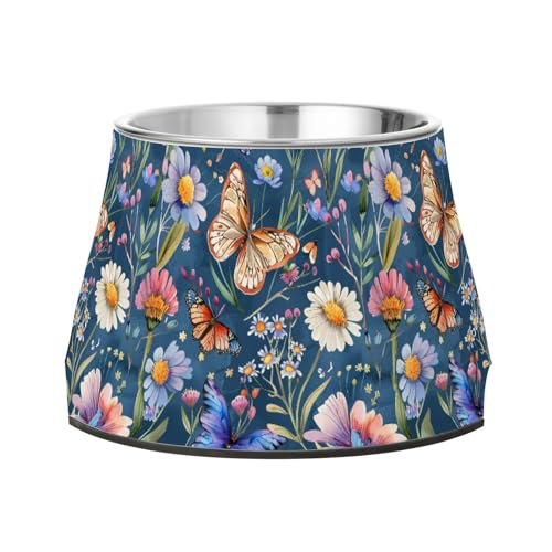 Futternapf für Hunde mit Ständer, Motiv: bunte Schmetterlinge und Blumen, marineblau, für kleine Haustiere, bequemes Füttern von Wudan