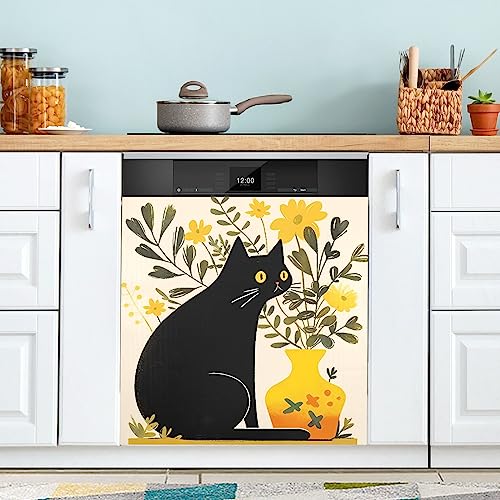 Gelbe Form Vase Dekoration Zeichnung Schwarze Katze Geschirrspüler Magnet Abdeckung Kühlschrank Panel Aufkleber Deko für Schrank Küche Waschküche Geschenk 23 x 26 Zoll von Wudan