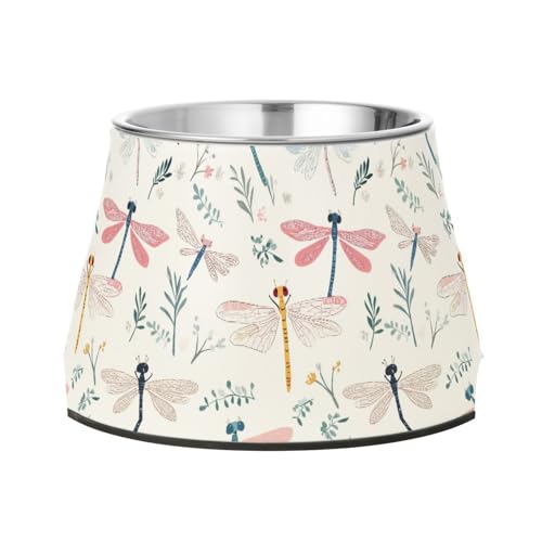 Niedliche Libelle weiße erhöhte Haustier-Futternäpfe mit Ständer, Edelstahl, erhöhter Katzennapf für langsames Füttern, langsames Fressen von Wudan